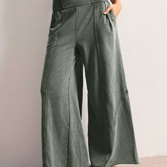 Army Green Casual Women's Loose Wide Leg Smocked Waist Pants - Picture 9 of 9